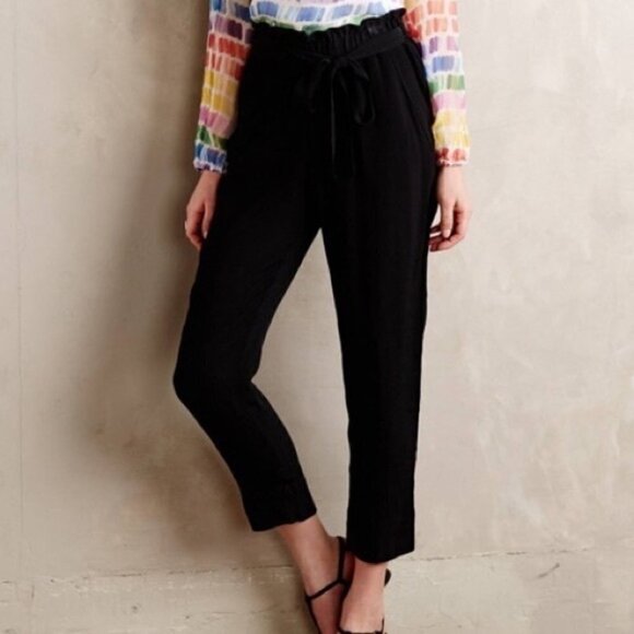 Womens Anthropologie Cartonnier Black Paperbag Tapered Leg Crepe Pants pockets - Picture 2 of 13